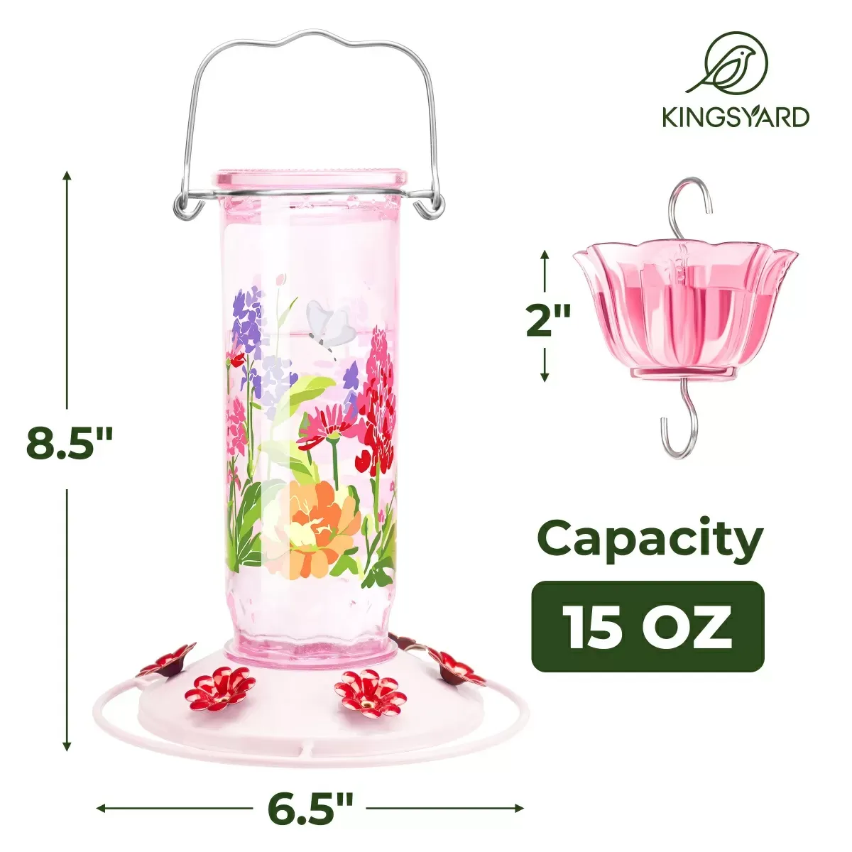 Pink Kingsyard Round Glass Hummingbird Feeder with Flower Patterns 3