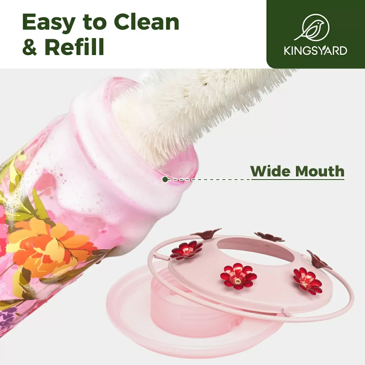Pink Kingsyard Round Glass Hummingbird Feeder with Flower Patterns 4