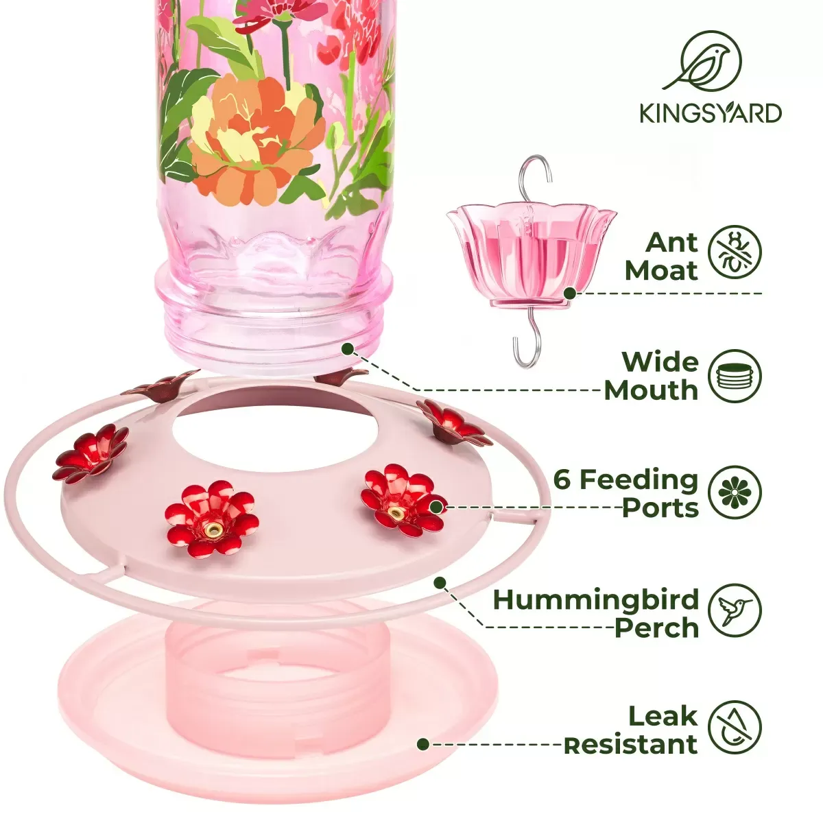 Pink Kingsyard Round Glass Hummingbird Feeder with Flower Patterns 5