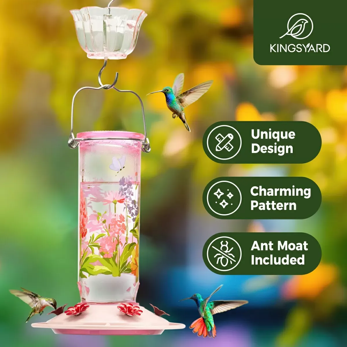 Pink Kingsyard Round Glass Hummingbird Feeder with Flower Patterns 6