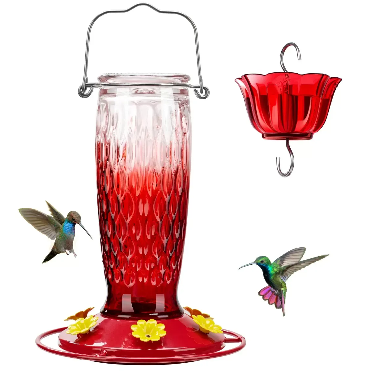Red Gradient Kingsyard 24oz Glass Hummingbird Feeder with Ant Moat 2 Red Gradient Kingsyard 24oz Glass Hummingbird Feeder with Ant Moat 2