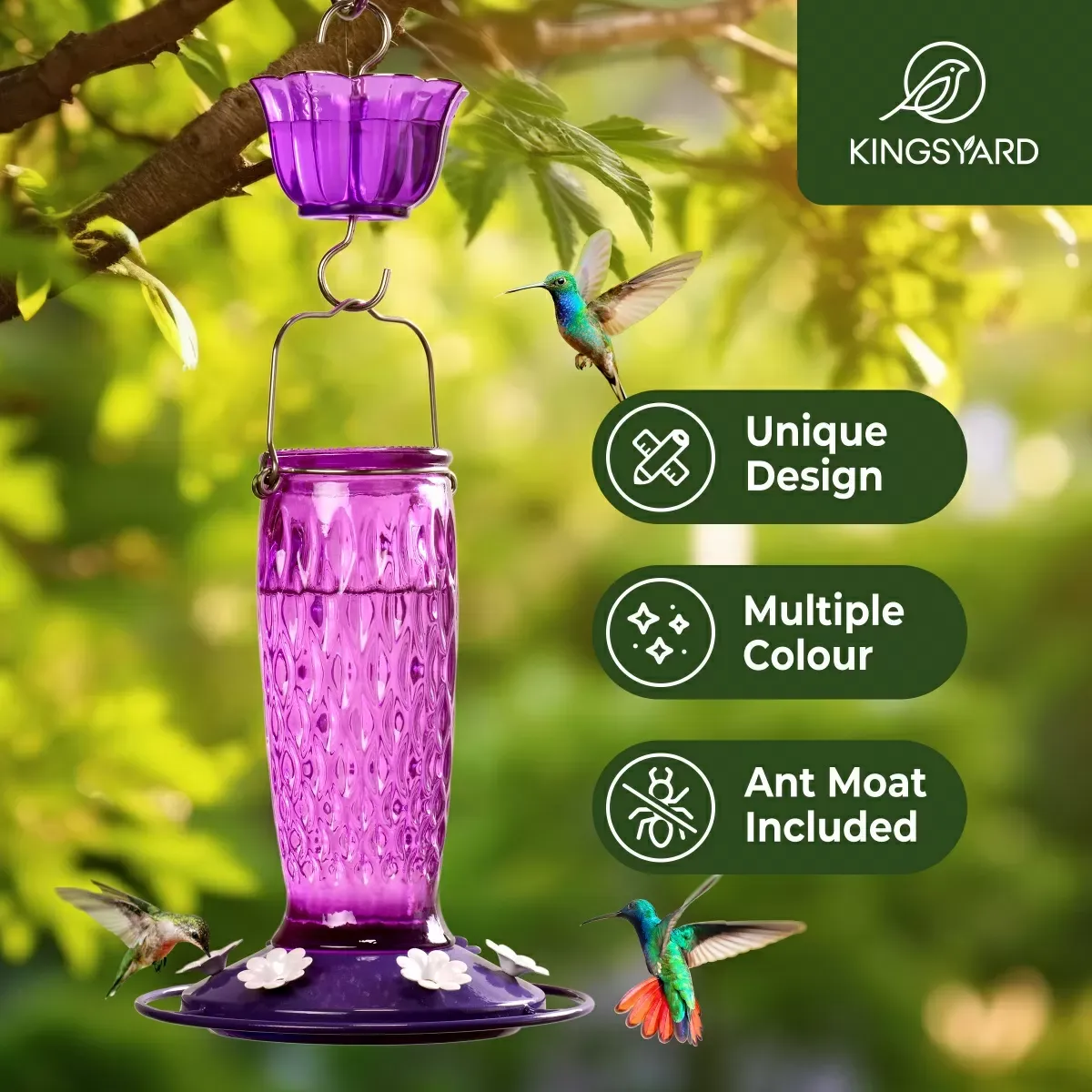 Purple Kingsyard 24oz Glass Hummingbird Feeder with Ant Moat 8