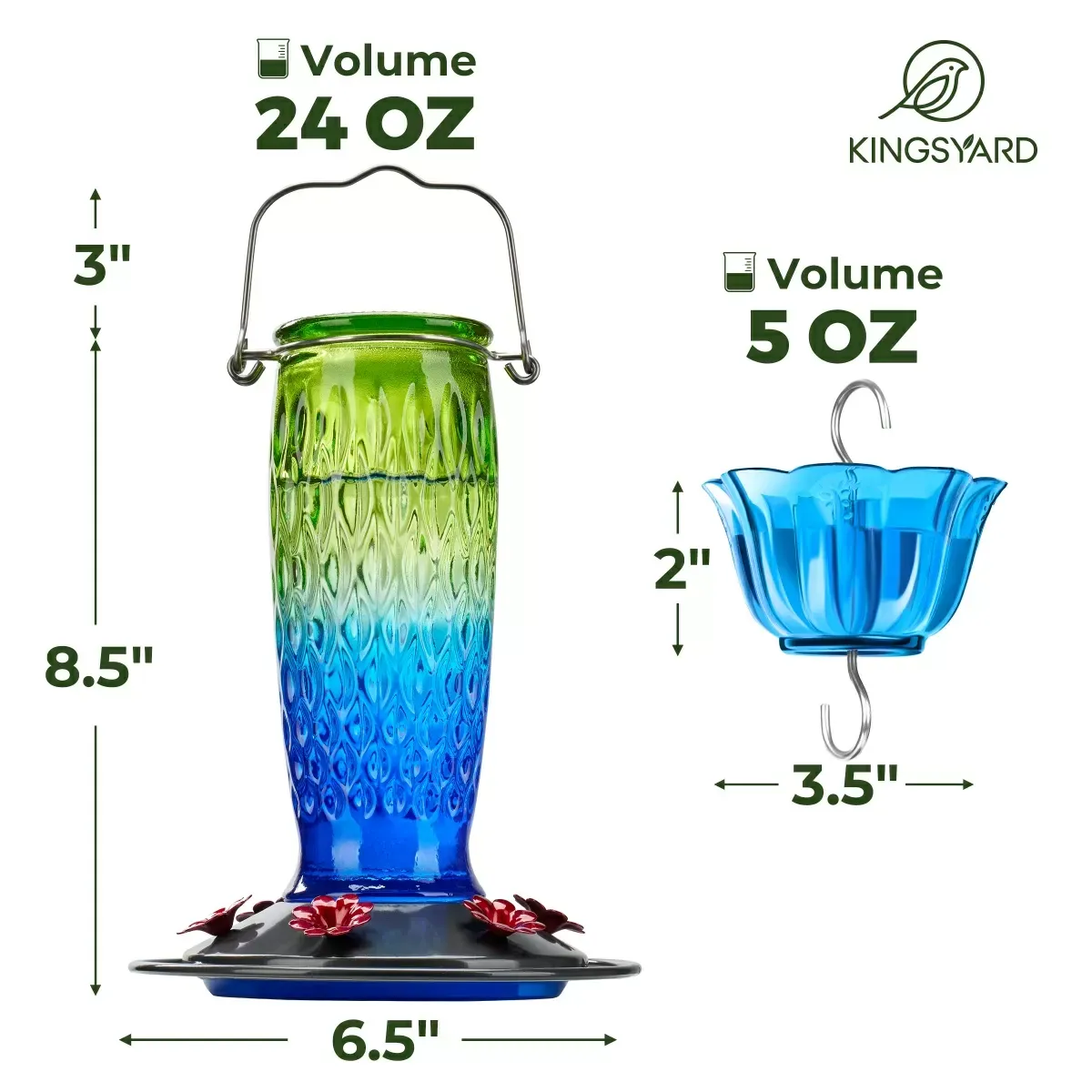 Green & Blue Kingsyard 24oz Glass Hummingbird Feeder with Ant Moat 3