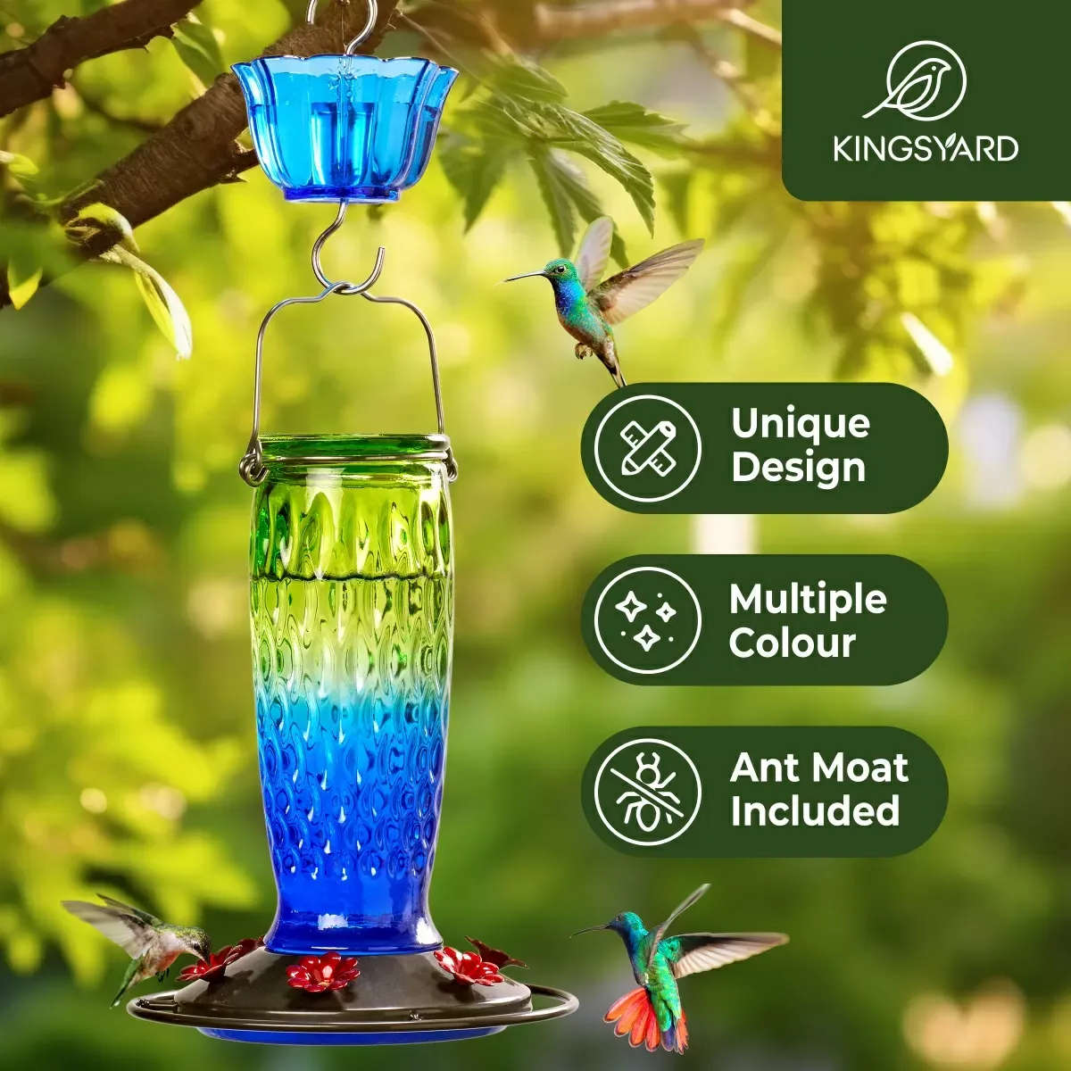 Green & Blue Kingsyard 24oz Glass Hummingbird Feeder with Ant Moat 7
