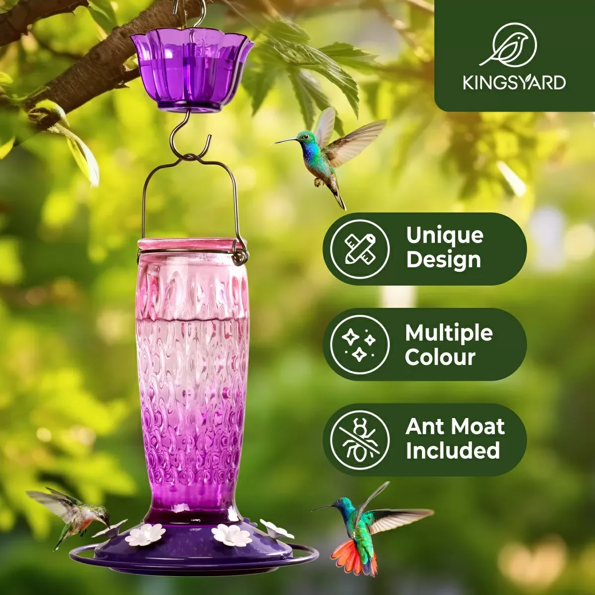 Pink & Purple Kingsyard 24oz Glass Hummingbird Feeder with Ant Moat 8