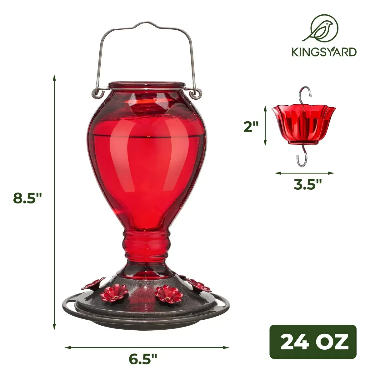 Red Kingsyard 24oz Leak Proof Glass Hummingbird Feeder with Ant Moat 3