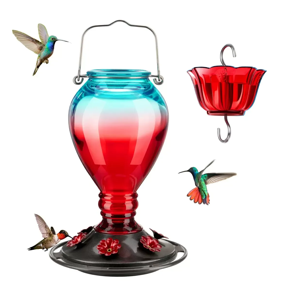Red & Blue Kingsyard 24oz Leak Proof Glass Hummingbird Feeder with Ant Moat 2 Red & Blue Kingsyard 24oz Leak Proof Glass Hummingbird Feeder with Ant Moat 2