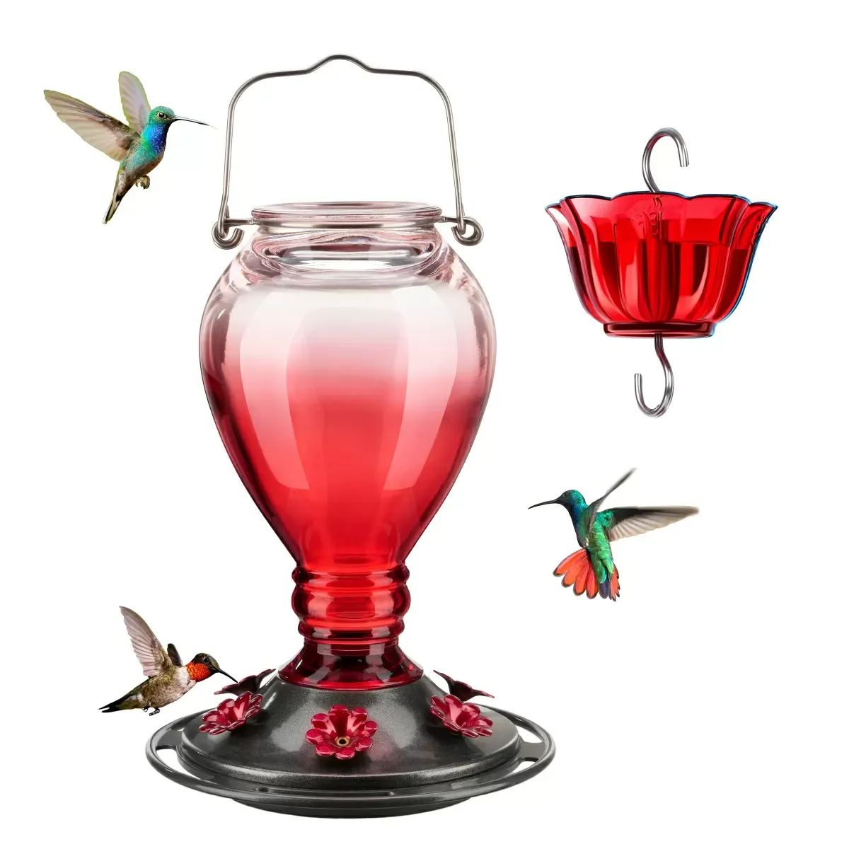 Red & Pink Kingsyard 24oz Leak Proof Glass Hummingbird Feeder with Ant Moat 2