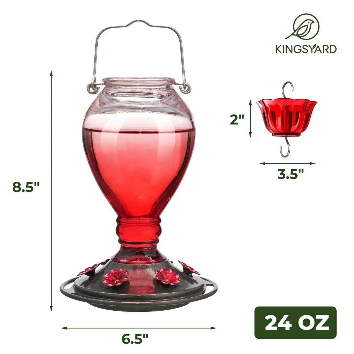 Red & Pink Kingsyard 24oz Leak Proof Glass Hummingbird Feeder with Ant Moat 3