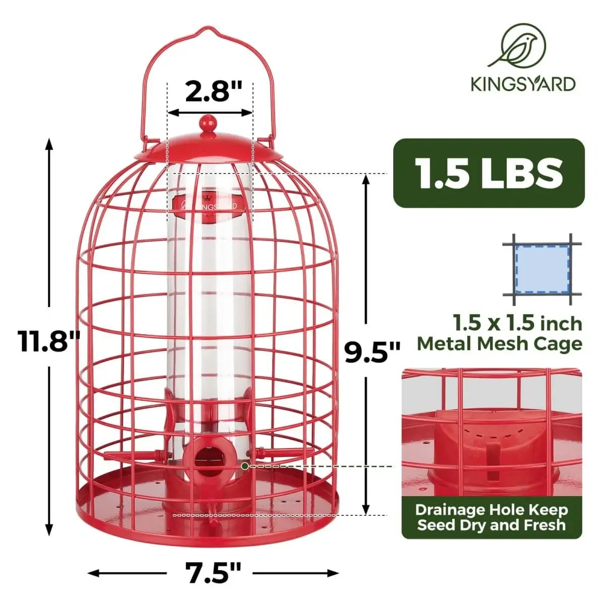 Red Kingsyard Caged Squirrel Proof Tube Feeder with Rainproof Design 3
