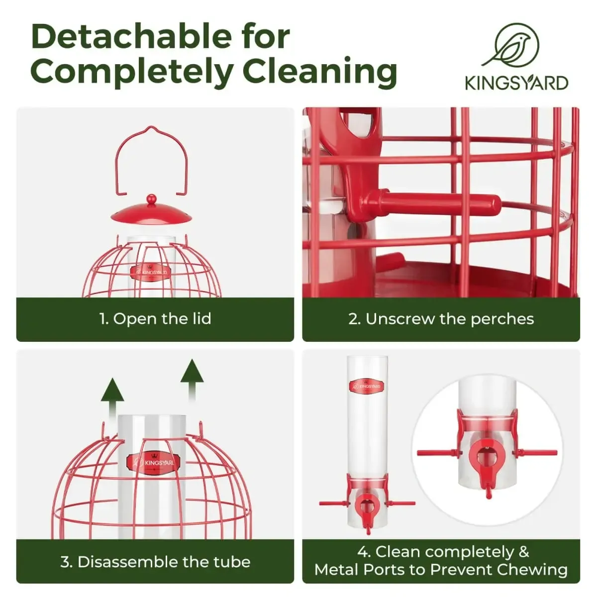 Red Kingsyard Caged Squirrel Proof Tube Feeder with Rainproof Design 4