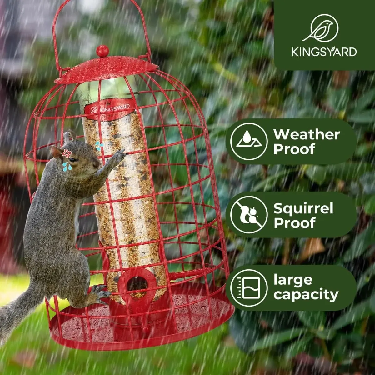 Red Kingsyard Caged Squirrel Proof Tube Feeder with Rainproof Design 6