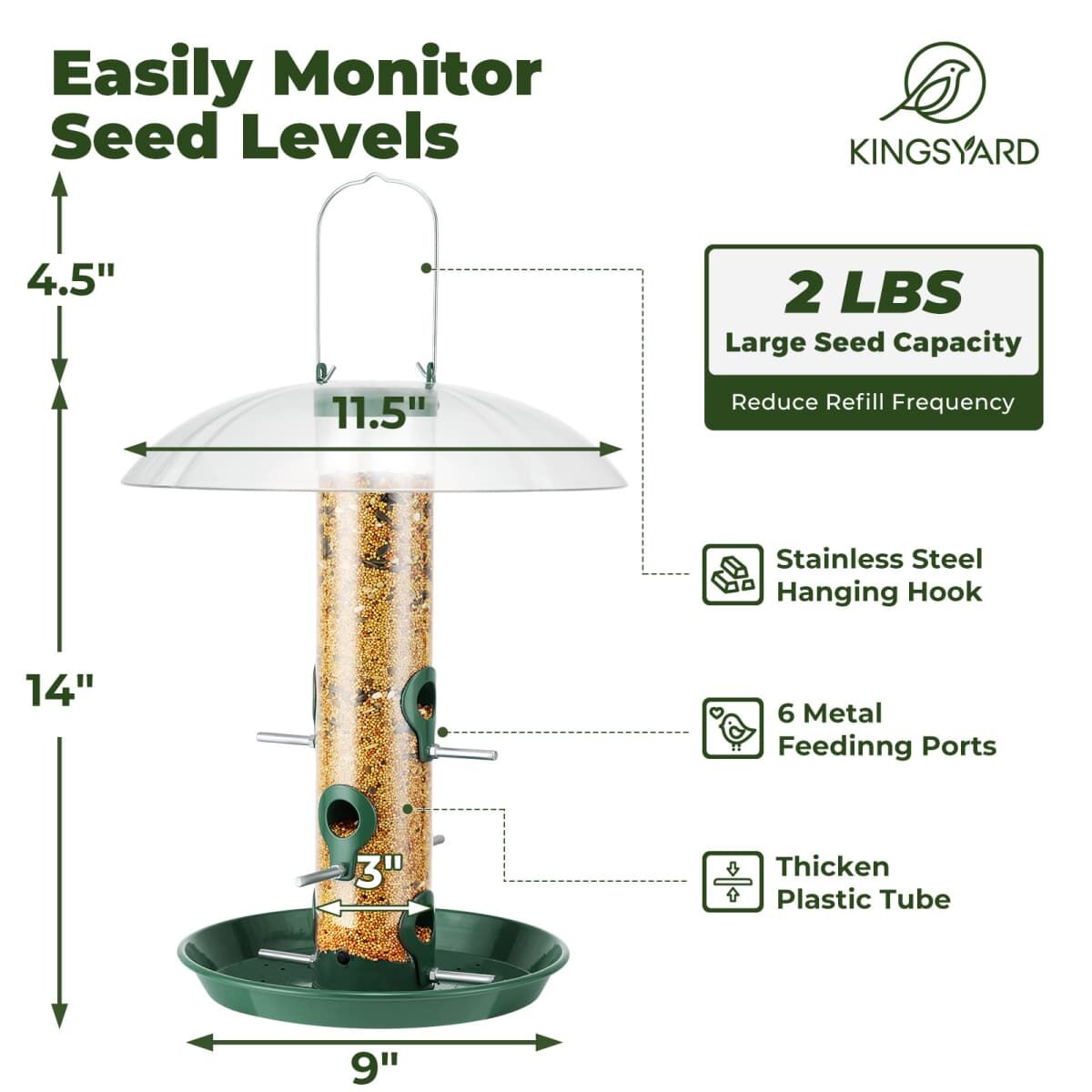 Kingsyard Weatherproof Metal Tube Feeder with Dome 3