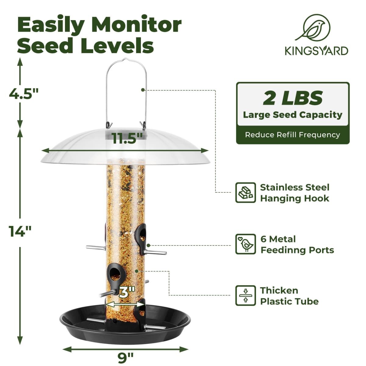 Black Kingsyard Weatherproof Metal Tube Feeder with Dome 3