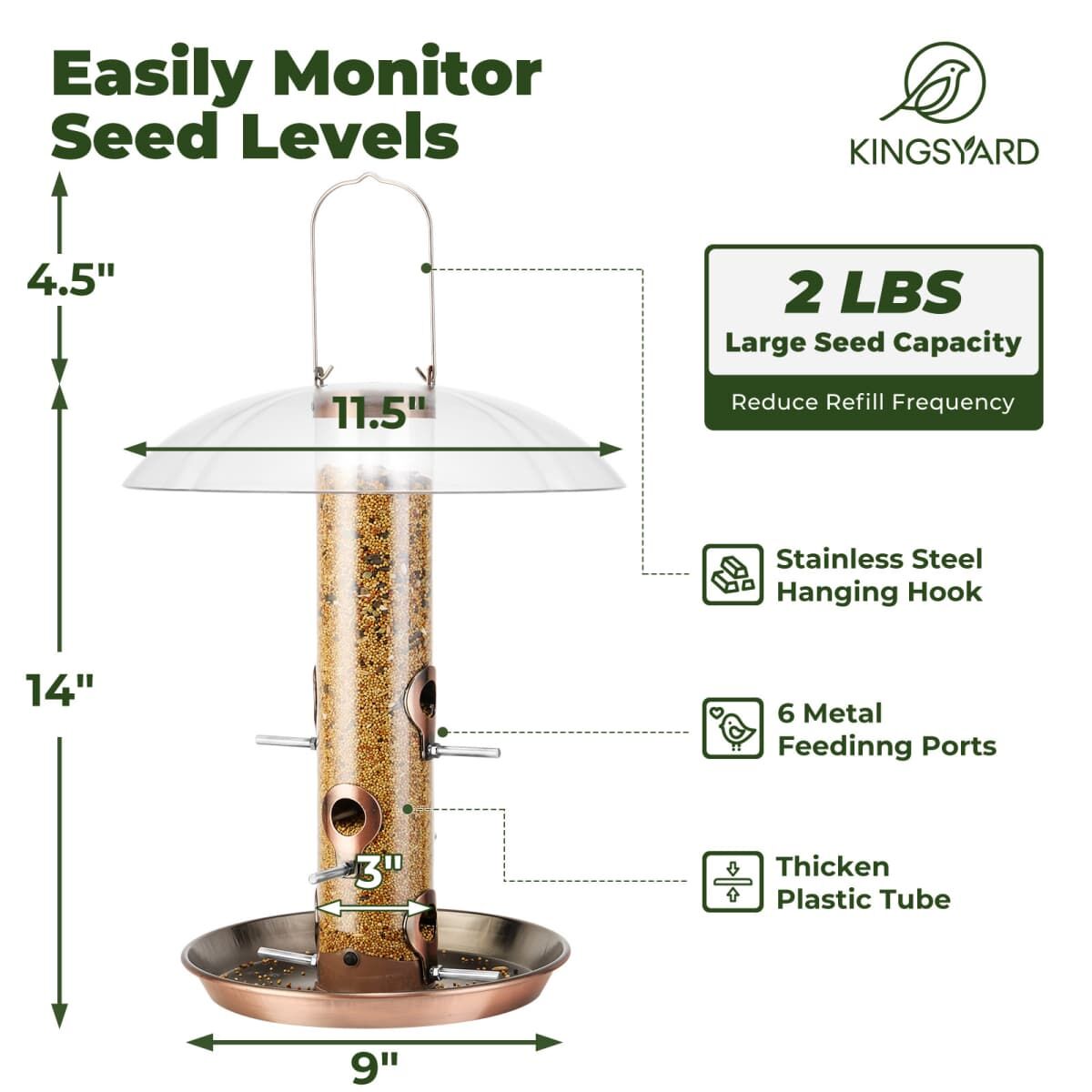 Antique Copper Kingsyard Weatherproof Metal Tube Feeder with Dome 3