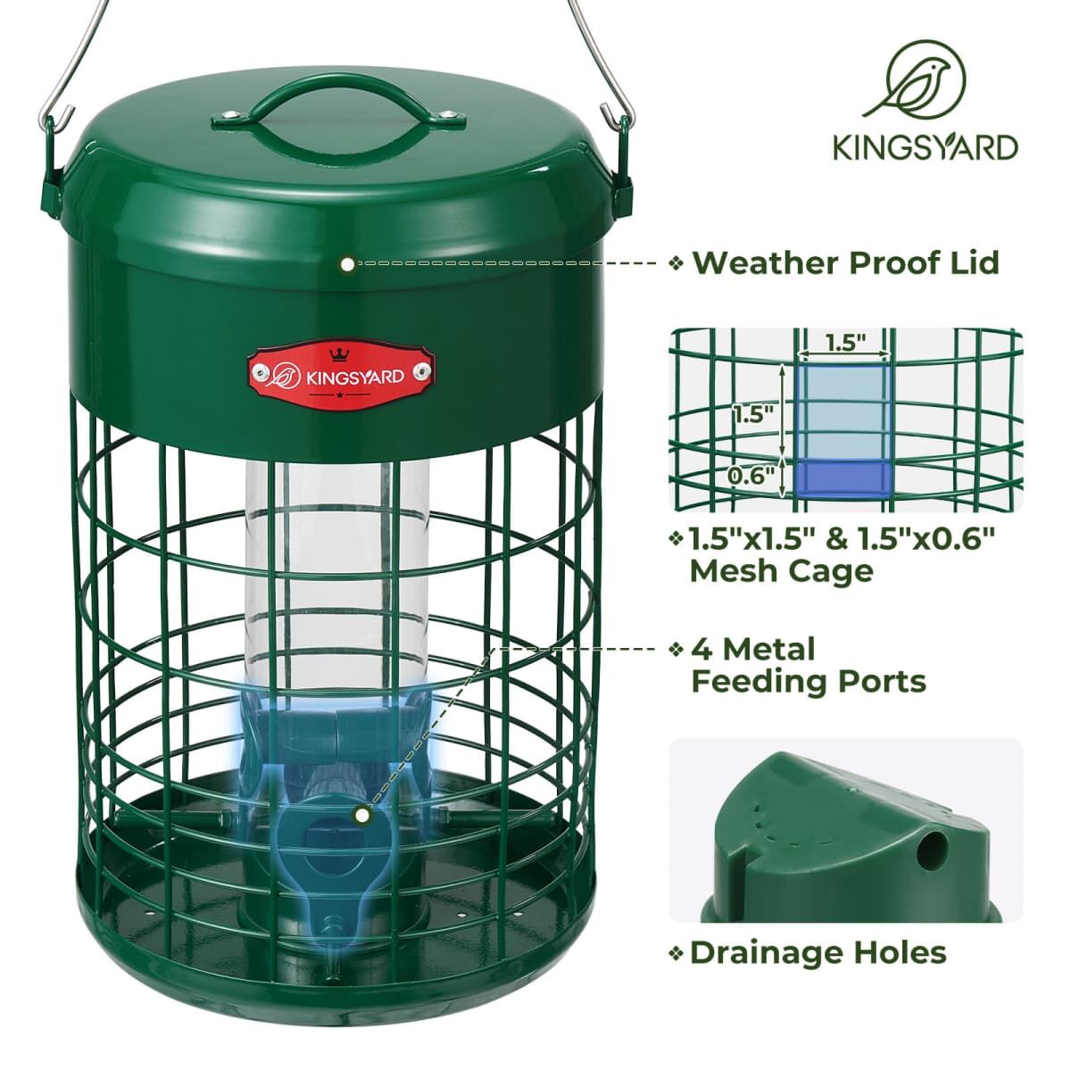 Green Kingsyard Caged Squirrel Proof Tube Feeder with Weatherproof Design 4