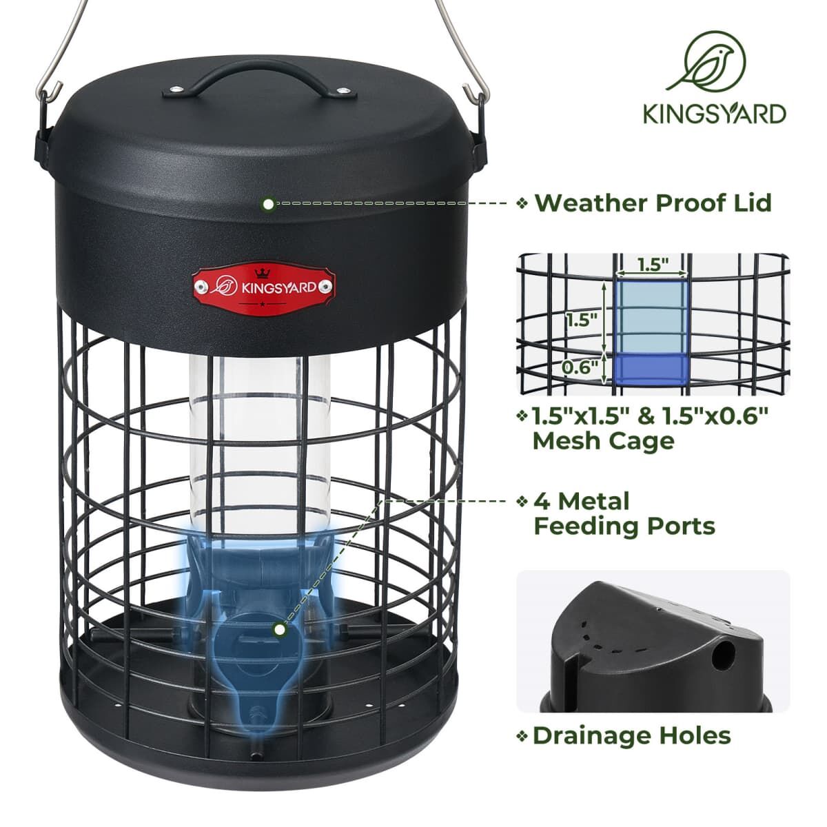 Black Kingsyard Caged Squirrel Proof Tube Feeder with Weatherproof Design 4