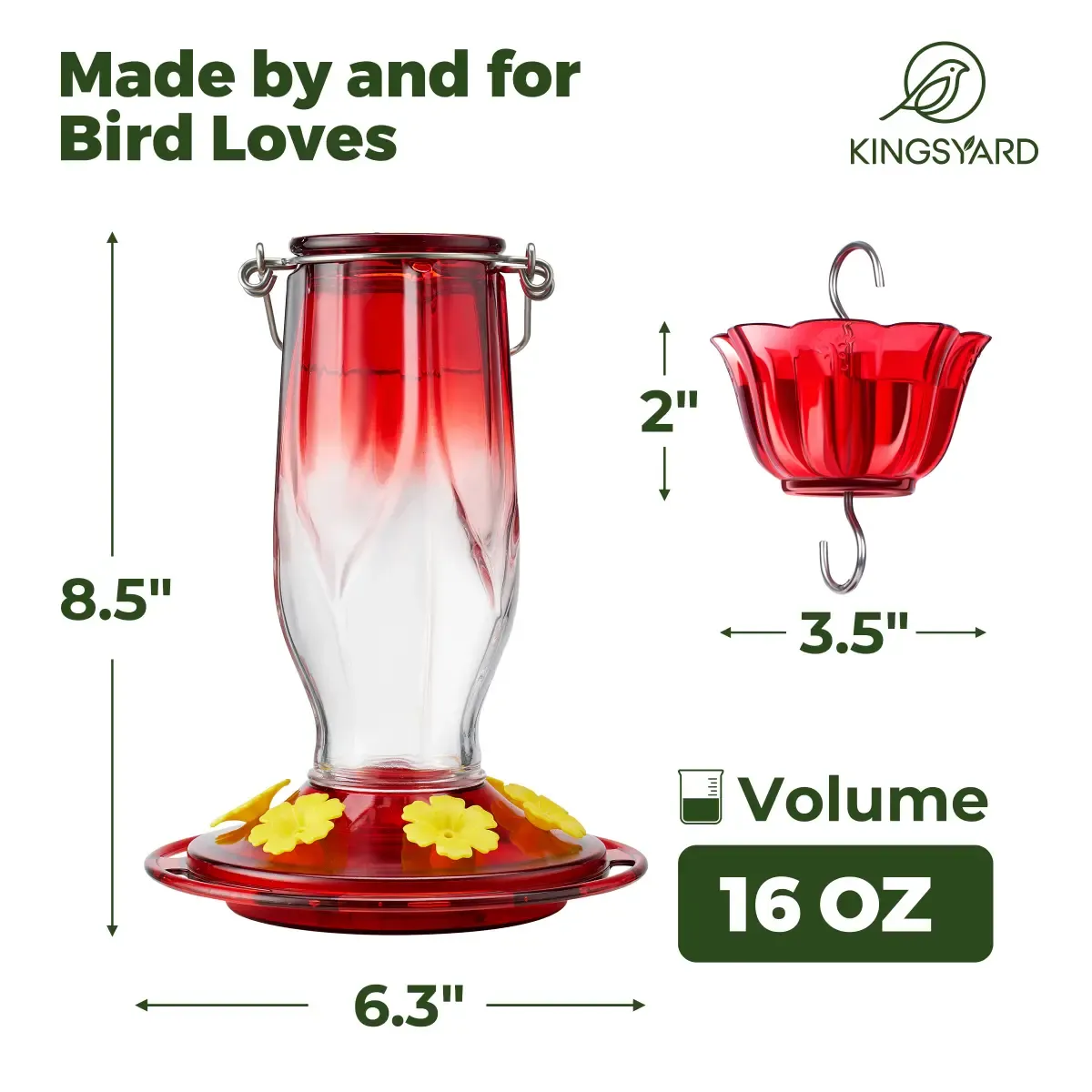 Kingsyard 16oz Glass Hummingbird Feeder 6 Ports with Ant Moat 3