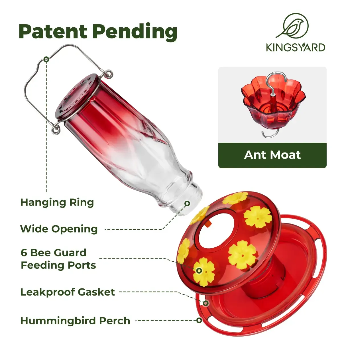 Kingsyard 16oz Glass Hummingbird Feeder 6 Ports with Ant Moat 4