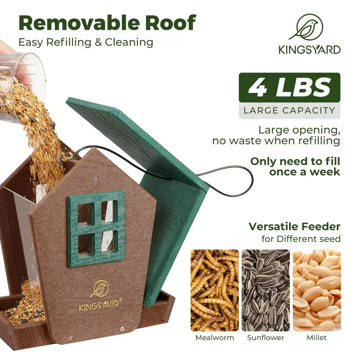 Kingsyard Recycled Plastic Hopper Bird Feeder with Weatherproof Roof 3