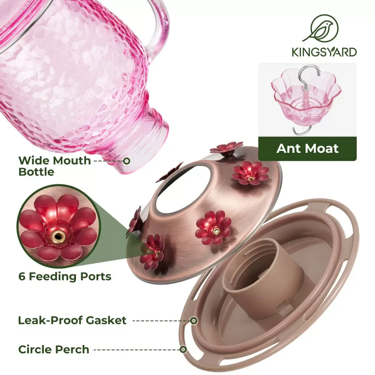 Pink Kingsyard 16oz Bee & Ant Proof Glass Hummingbird Feeders 4