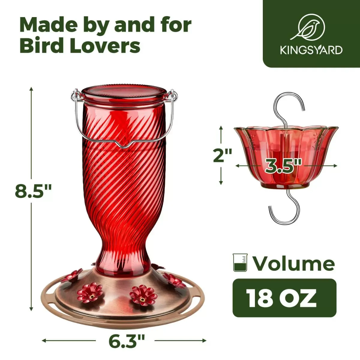 Red Kingsyard 18oz Bee & Ant Proof Glass Hummingbird Feeders 3