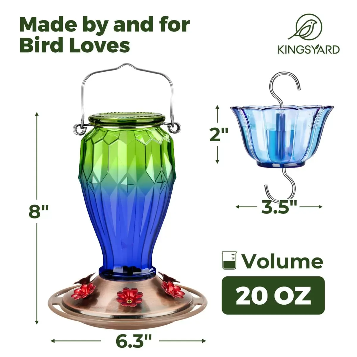 Kingsyard 20oz Bee & Ant Proof Glass Hummingbird Feeders 3