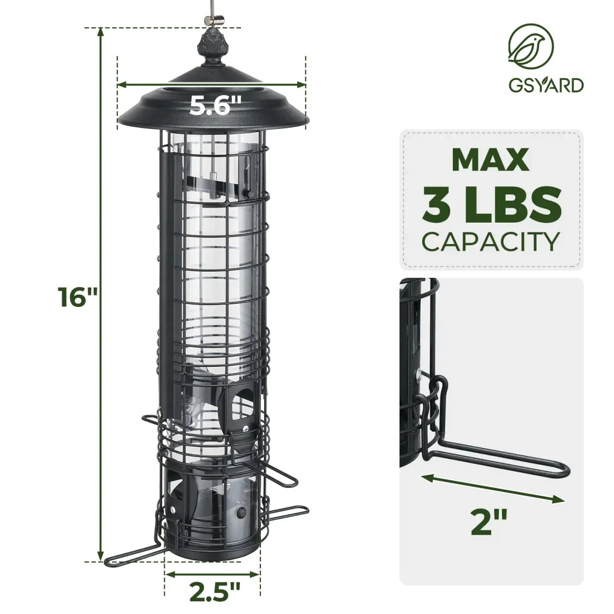 Black Kingsyard Squirrel Proof Hanging Metal Tube Bird Feeder 3