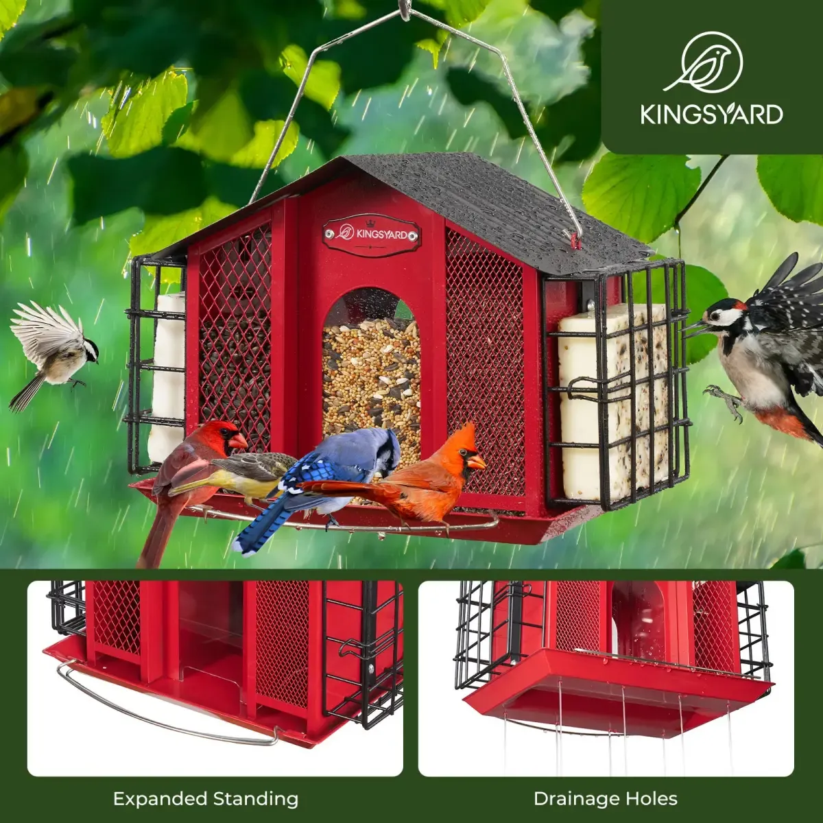 Red Kingsyard Weatherproof House Bird Feeder with Double Suet Cages 5