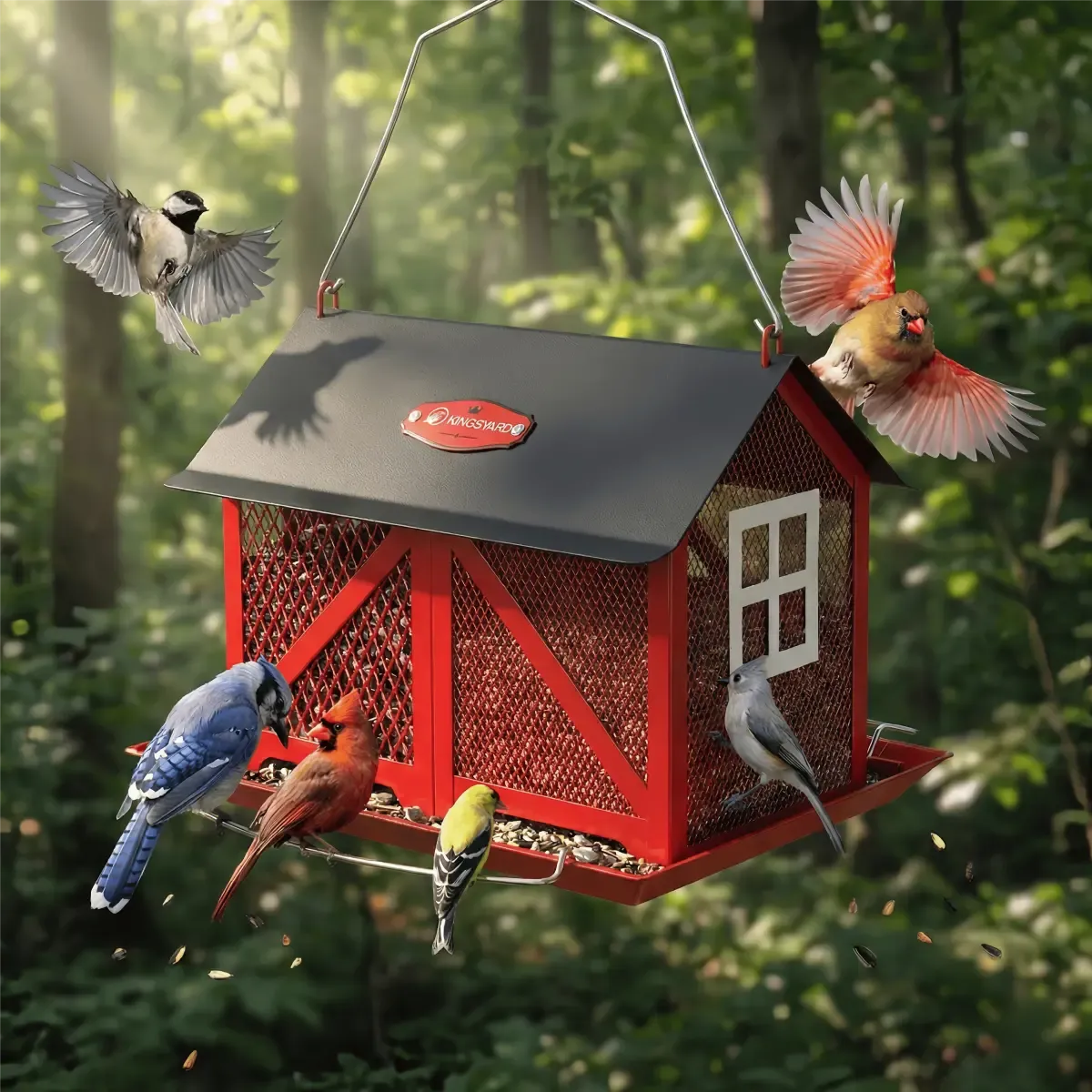 Red Kingsyard Large Capacity House Bird Feeder with Seed Tray 1 Red Kingsyard Large Capacity House Bird Feeder with Seed Tray 1