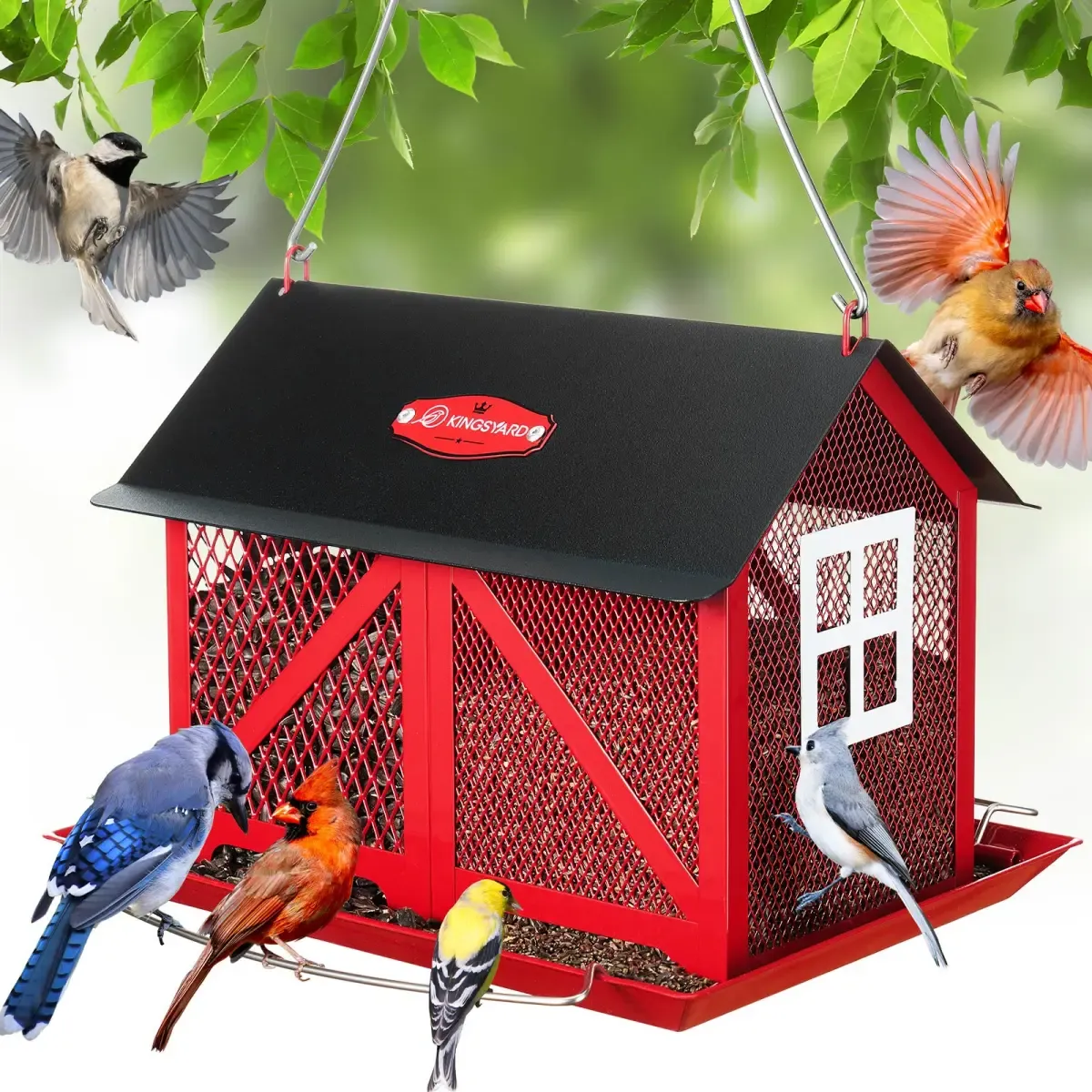 Red Kingsyard Large Capacity House Bird Feeder with Seed Tray 2 Red Kingsyard Large Capacity House Bird Feeder with Seed Tray 2