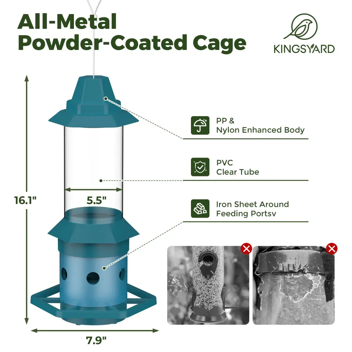 Green Kingsyard Squirrel Proof Weight Sensing Hanging Tube Bird Feeder 3