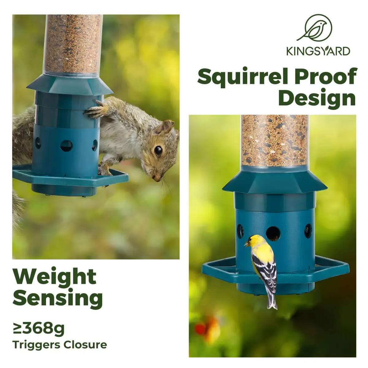 Green Kingsyard Squirrel Proof Weight Sensing Hanging Tube Bird Feeder 6