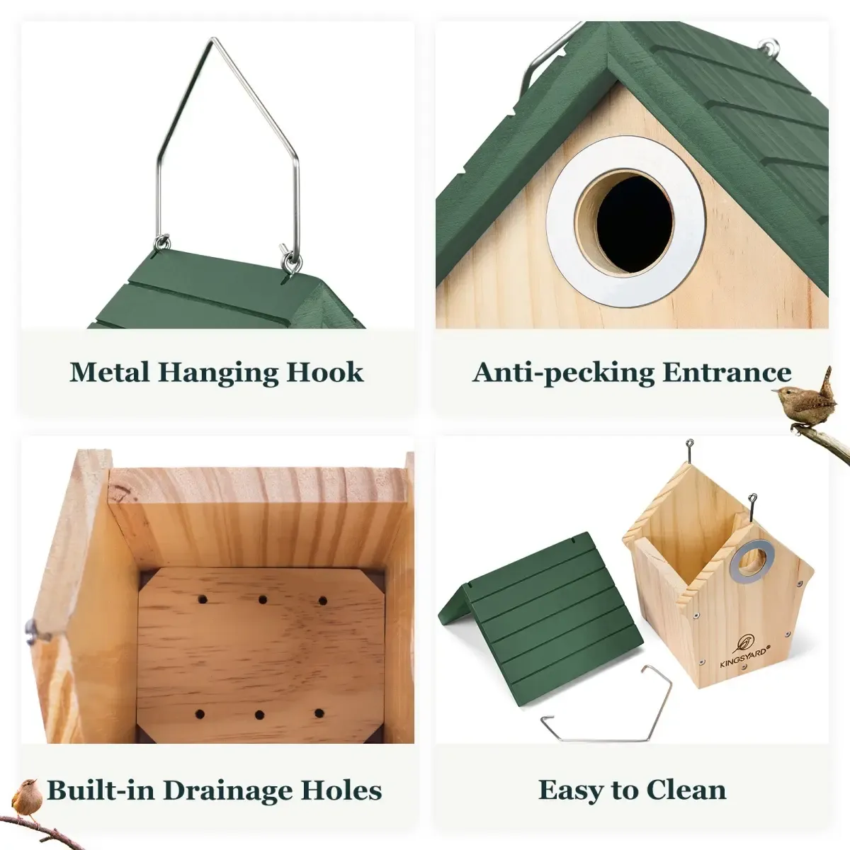 Green Kingsyard Wooden Wren House with 1” Hole for Nesting 4 Green Kingsyard Wooden Wren House with 1” Hole for Nesting 4