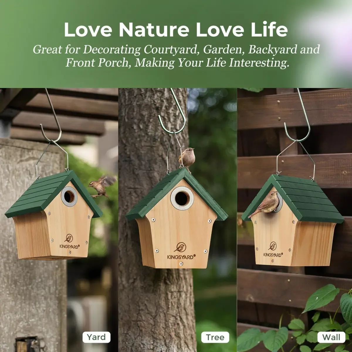Green Kingsyard Wooden Wren House with 1” Hole for Nesting 6 Green Kingsyard Wooden Wren House with 1” Hole for Nesting 6