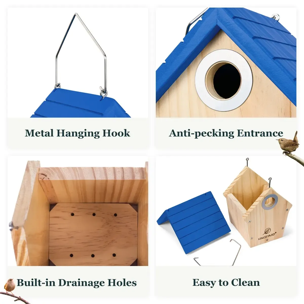 Royal Blue Kingsyard Wooden Wren House with 1” Hole for Nesting 4
