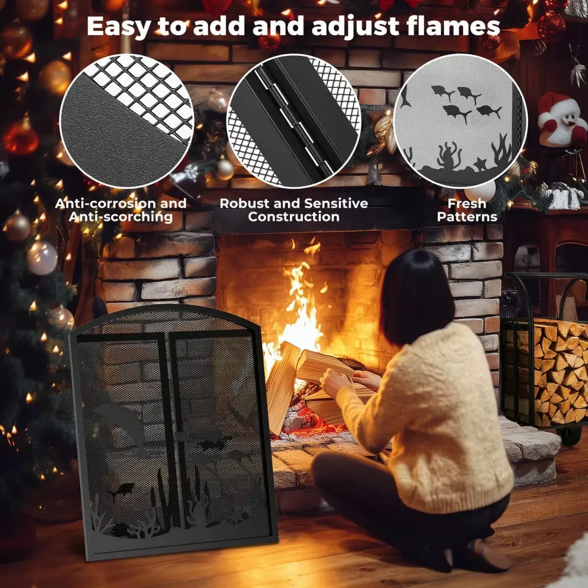 Kingsyard 3 Panel Ocean Theme Metal Fireplace Screen 4