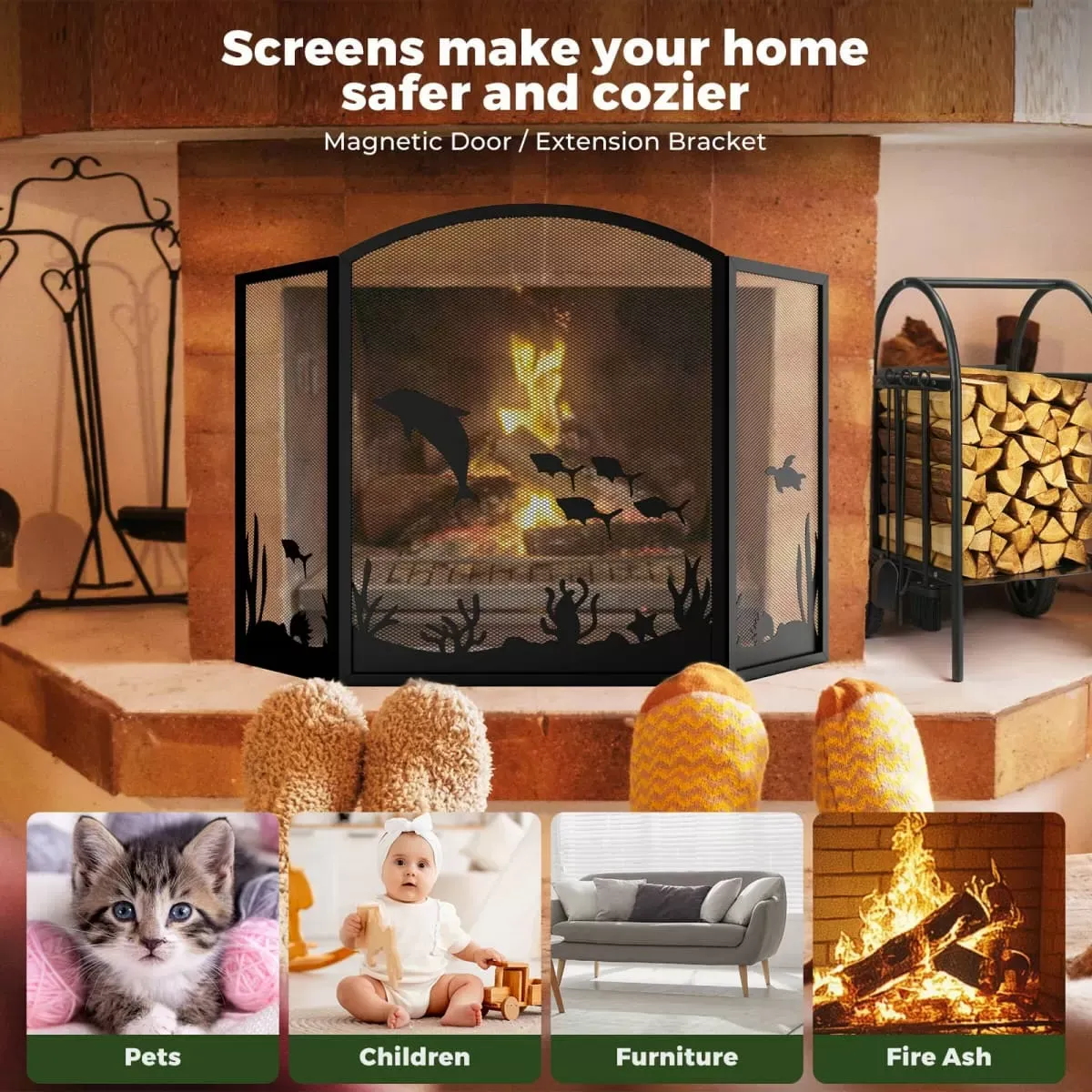 Kingsyard 3 Panel Ocean Theme Metal Fireplace Screen 5