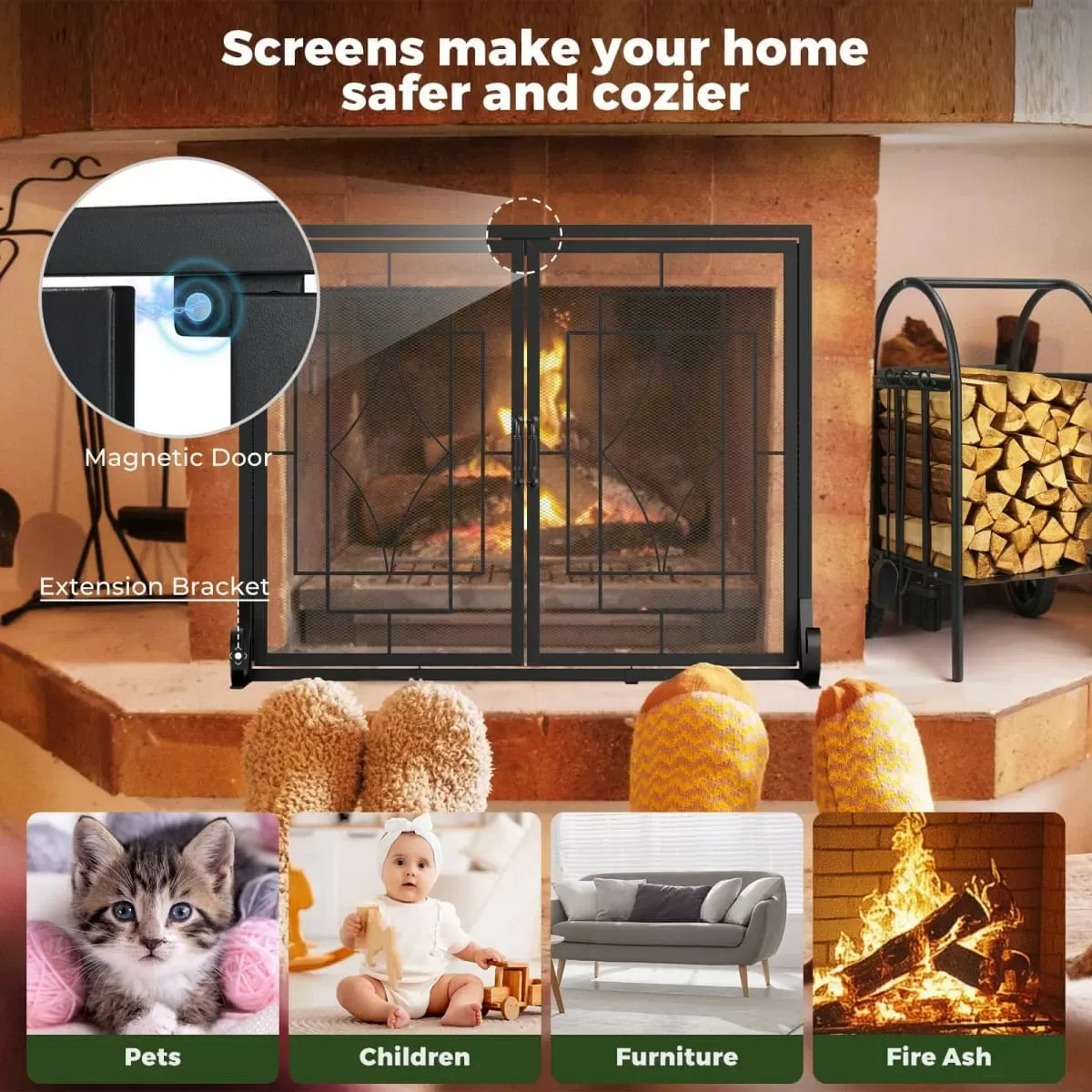 Kingsyard Geometric Metal Fireplace Screen with Magnetic Panels 5