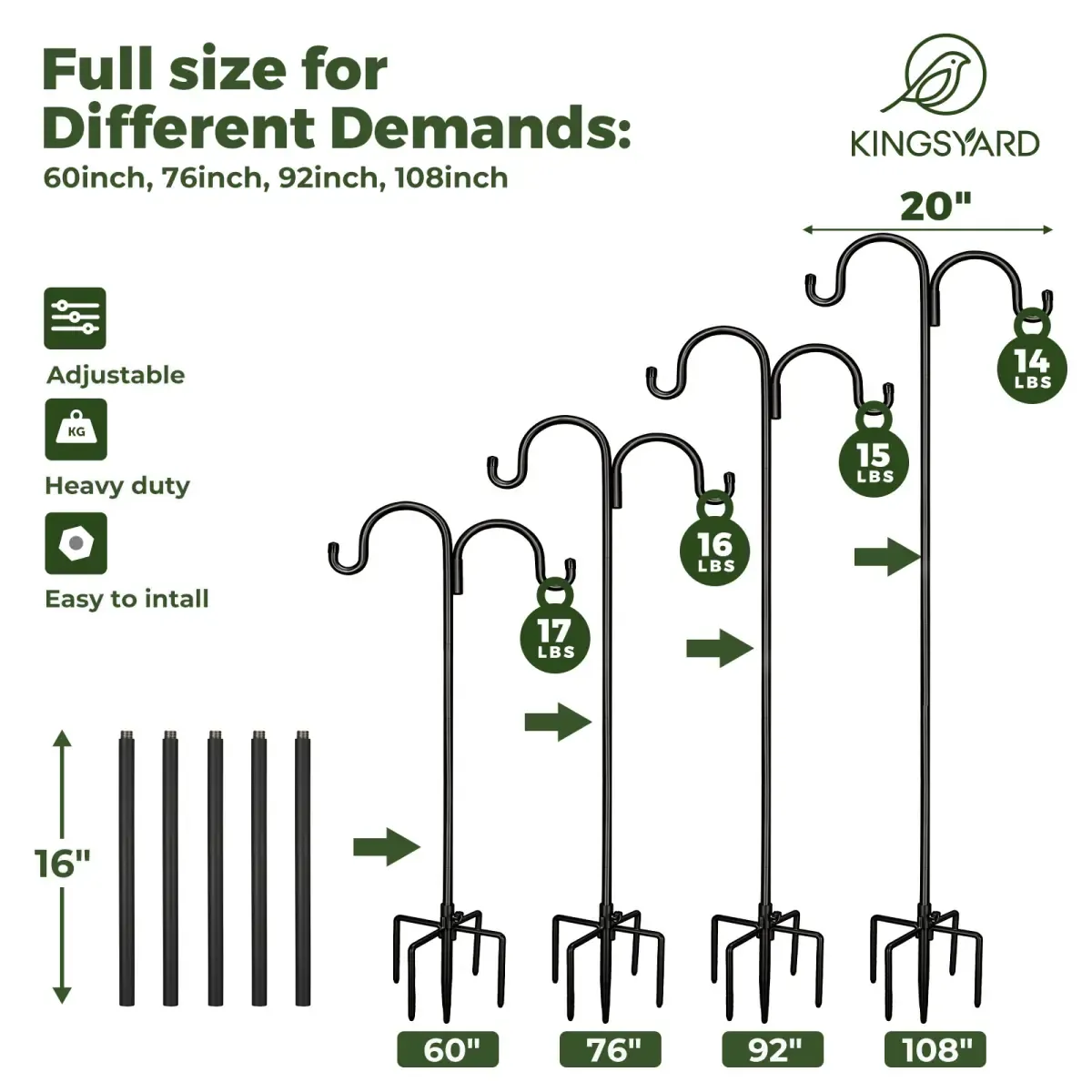 Kingsyard Heavy Duty Bird Feeder Pole with Double Shepherd Hooks 3