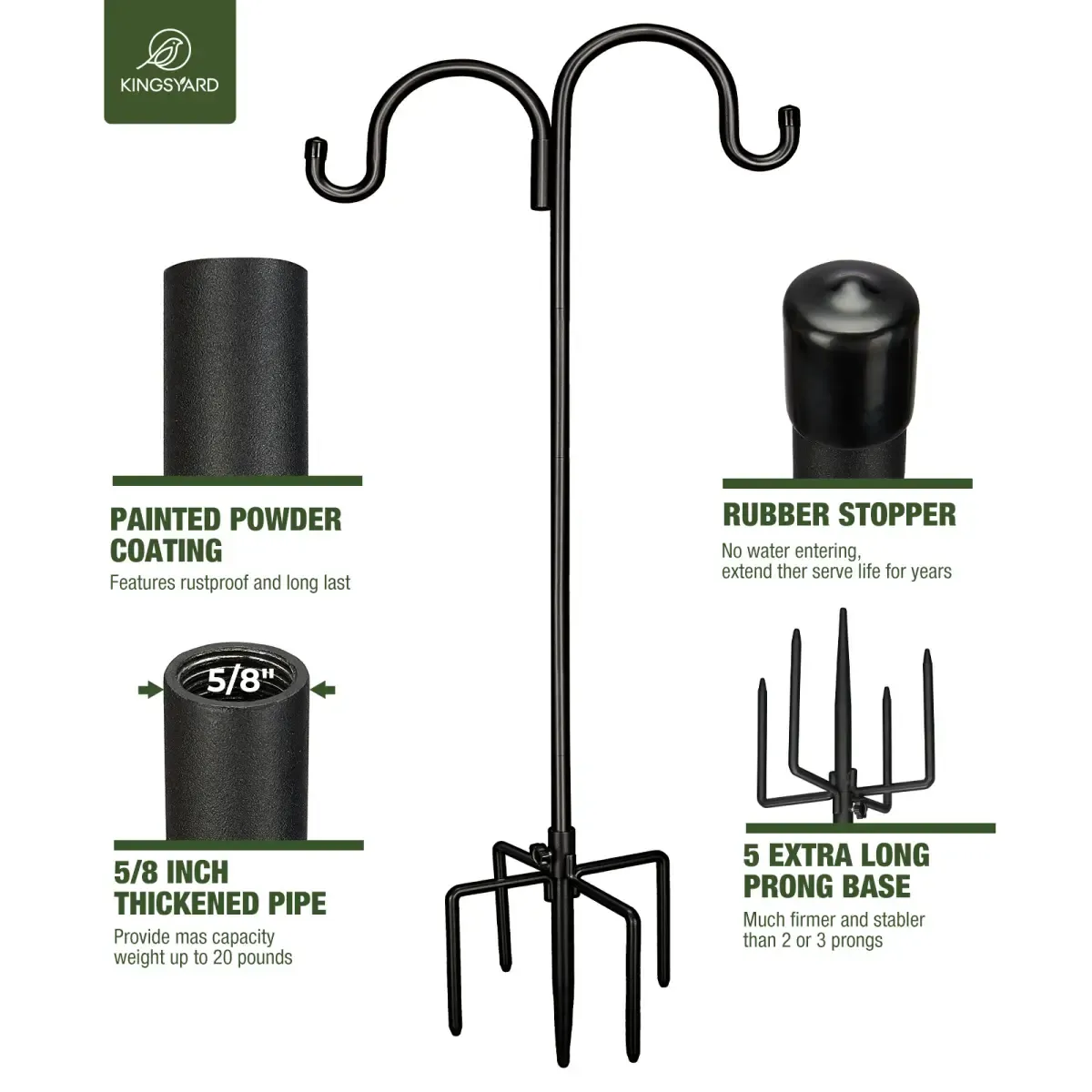 Kingsyard Heavy Duty Bird Feeder Pole with Double Shepherd Hooks 4