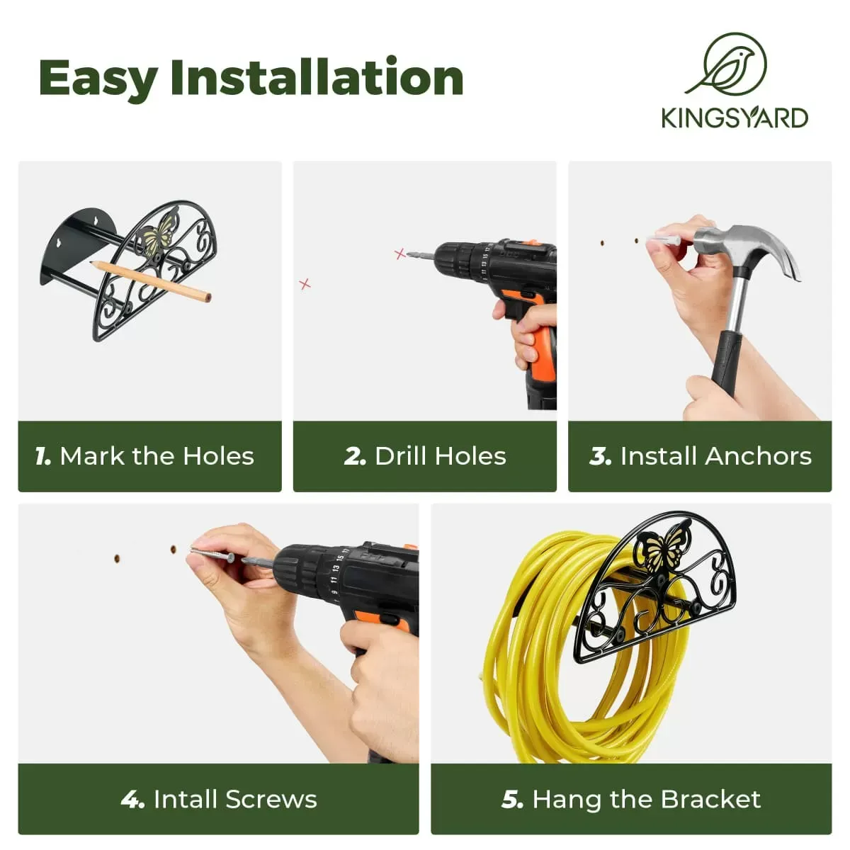 Kingsyard Wall Mount Garden Hose Holder Holds 100Ft Hoses 4