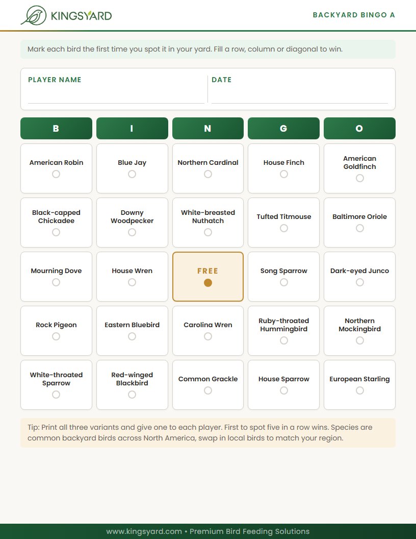 Printable backyard bird bingo card with 24 bird species to spot