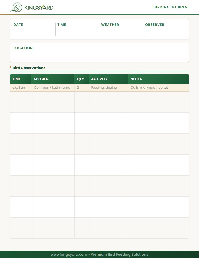 Printable birding journal template with observation log and species checklist