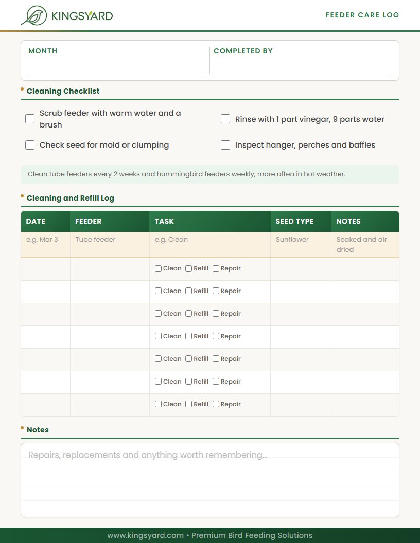 Printable feeder care log with cleaning checklist and refill log